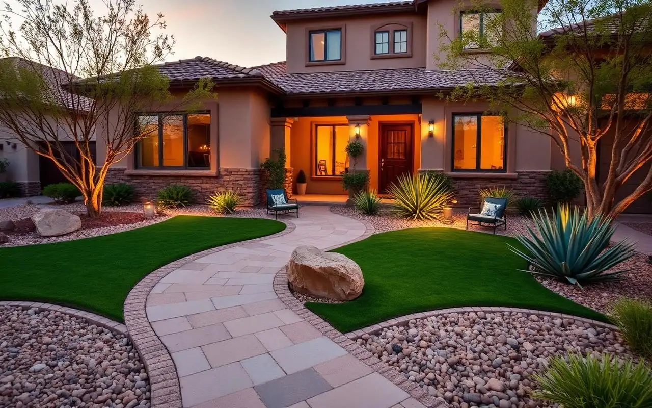 El Paso front yard landscape transformation by Franklin Mountains Landscaping after