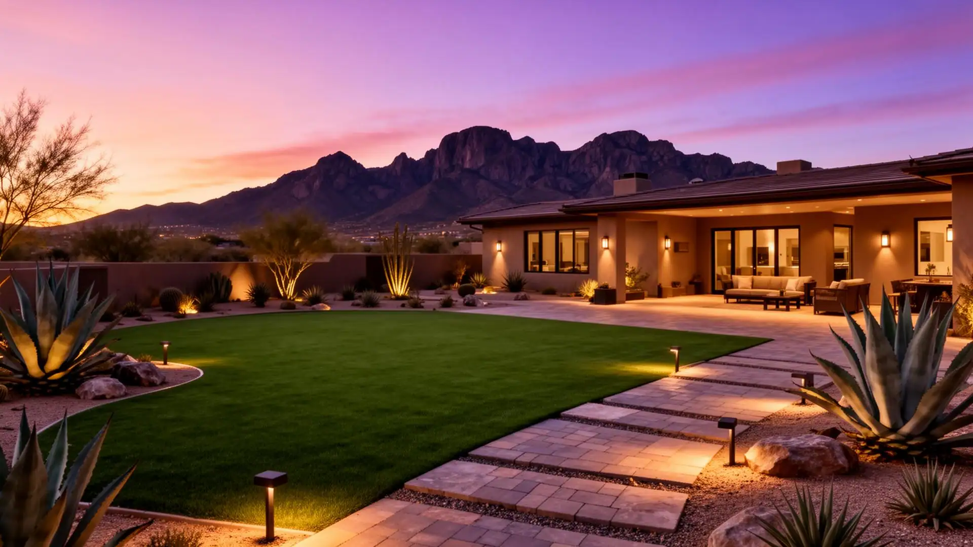 Luxury landscaped El Paso home at sunset with the Franklin Mountains