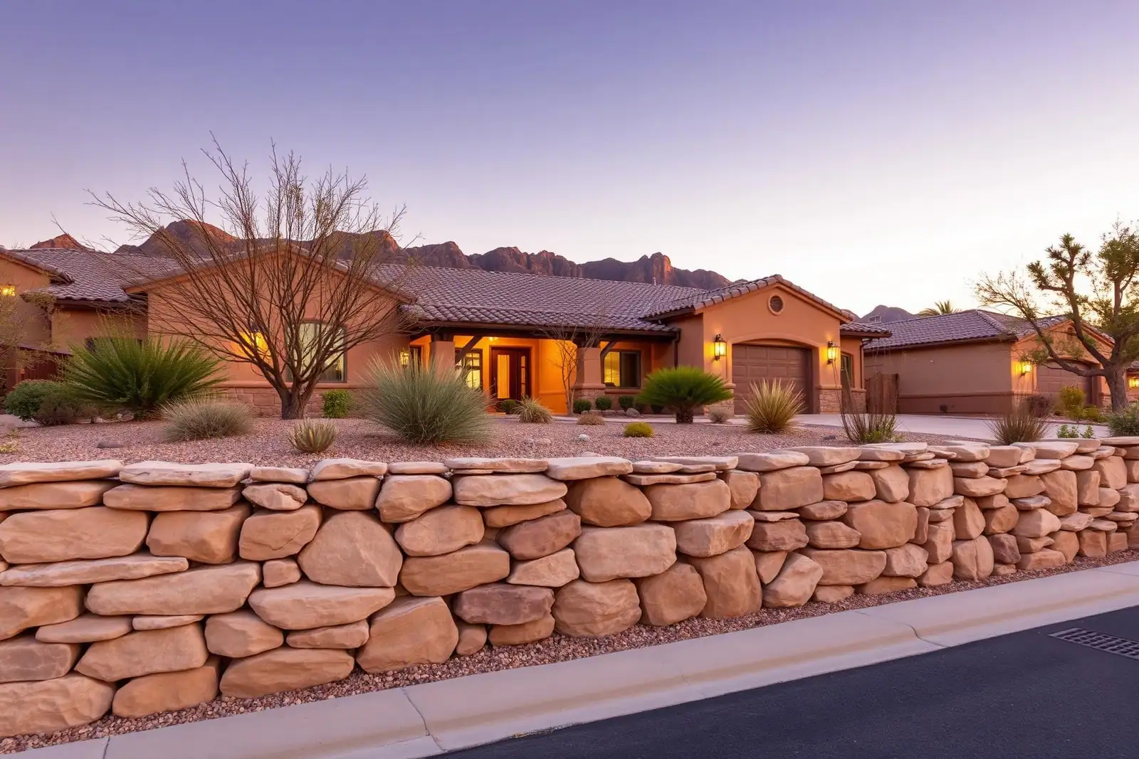 Stacked stone rock retaining wall in front of an El Paso home with the Franklin Mountains