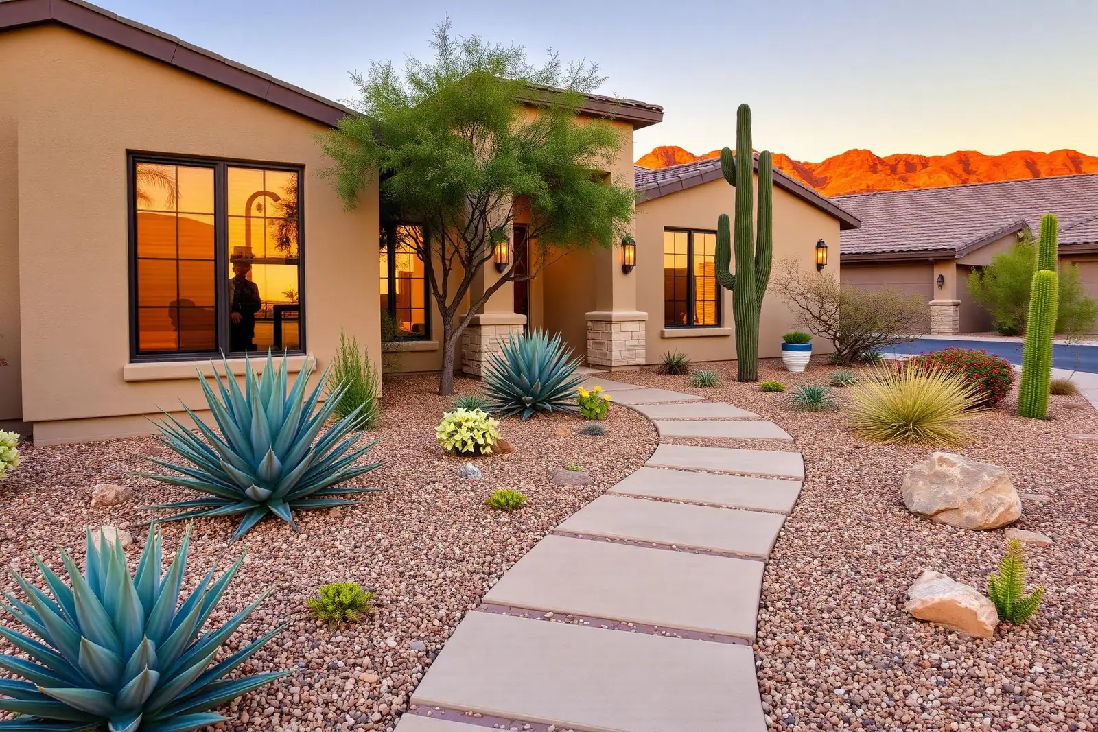 Modern desert xeriscape front yard in Westside El Paso with the Franklin Mountains at sunset